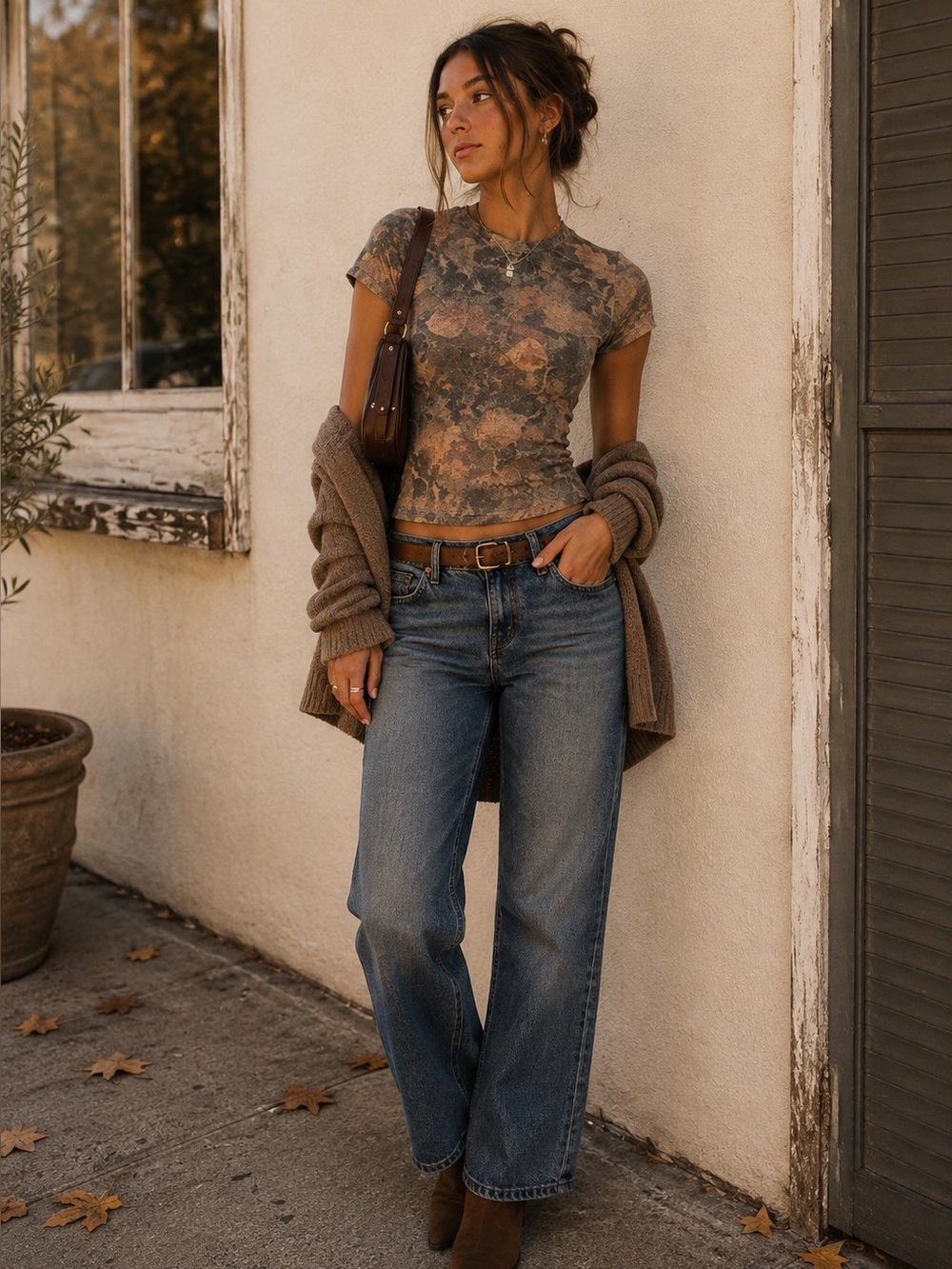 Garage Brown Floral Mesh Short Sleeve Tee